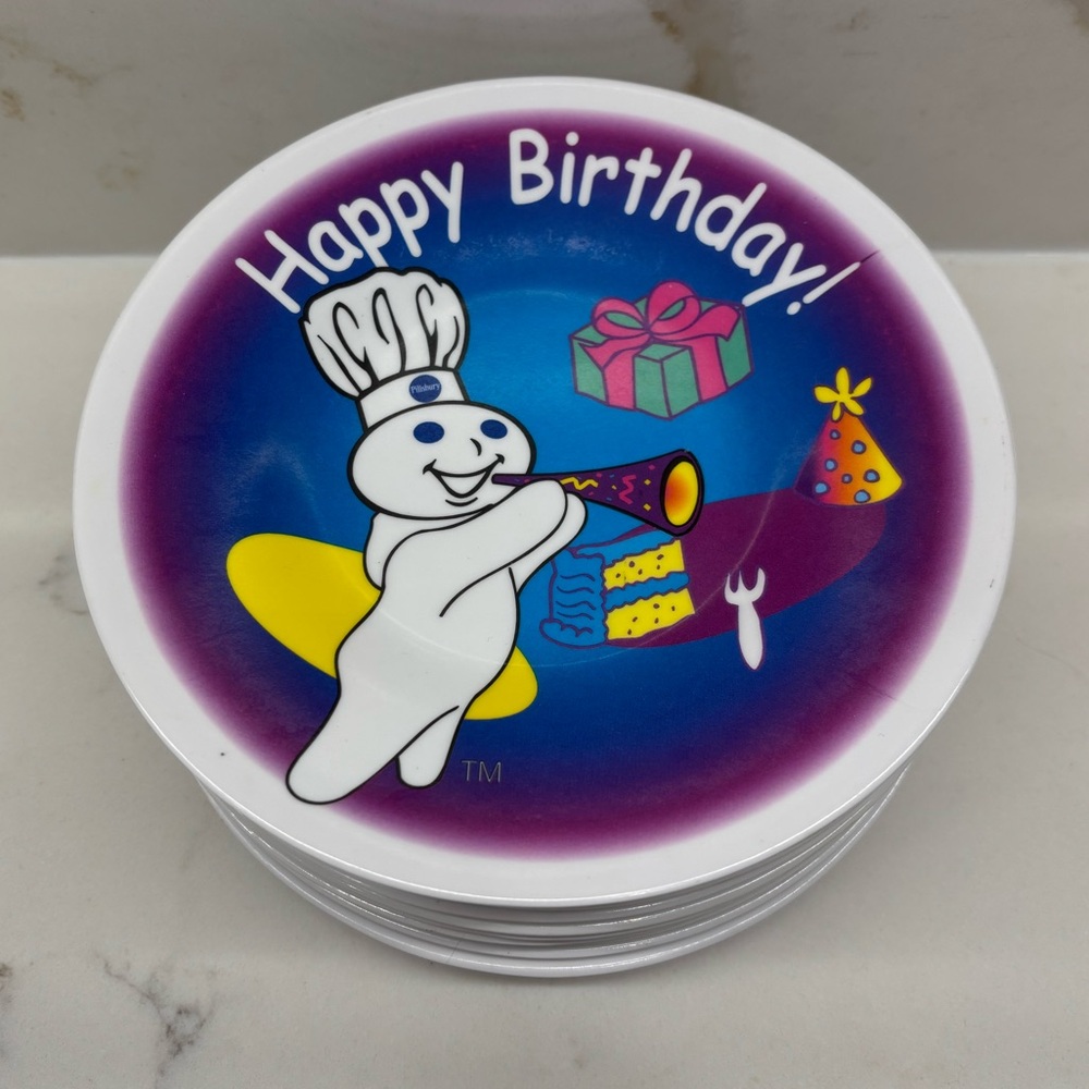 10 Vintage 1999 Pillsbury Doughboy Reusable Happy Birthday Cake Plates 6.5"